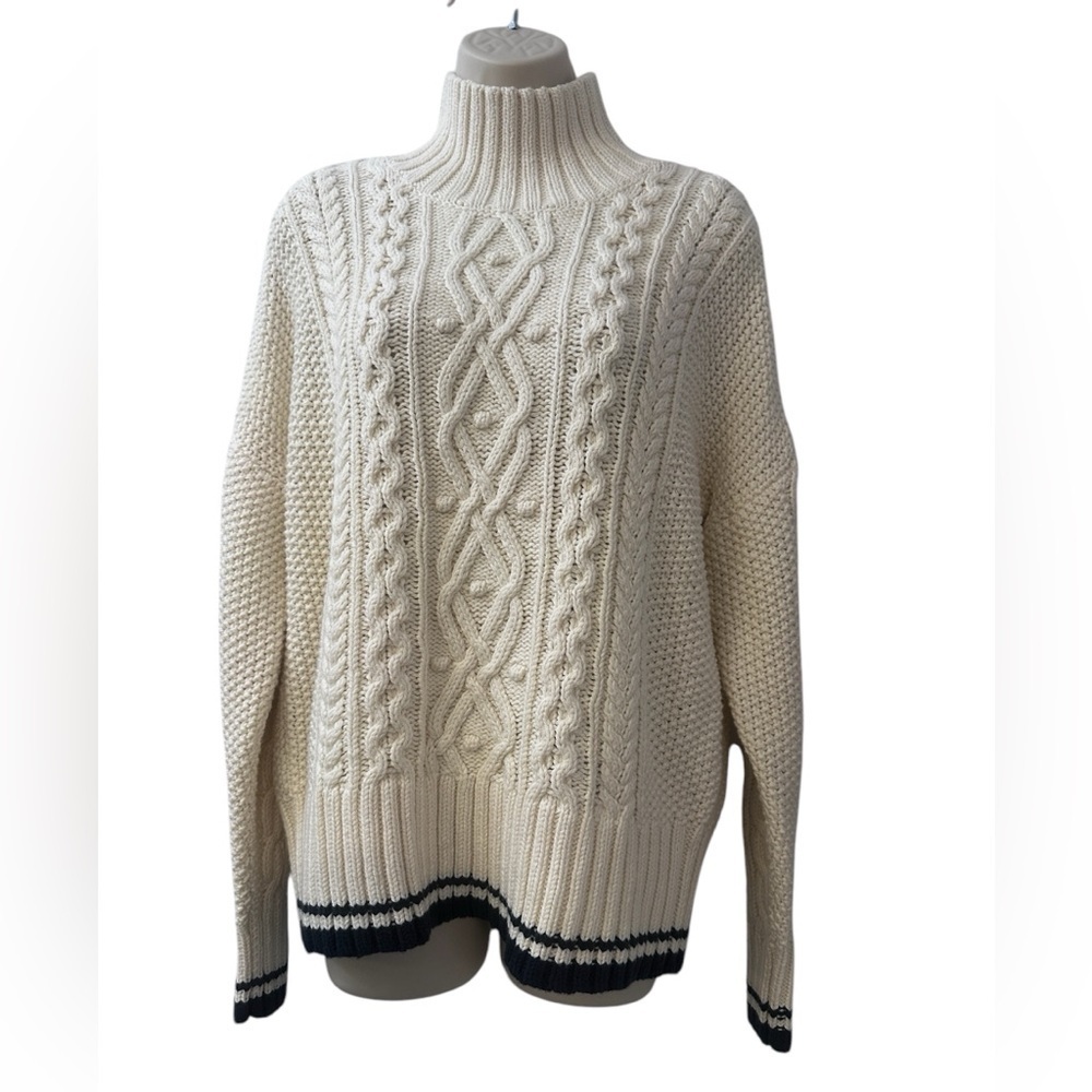 Vineyard Vines M Women’s Tipped Fisherman Mock Neck Sweater Cream Cable Knit